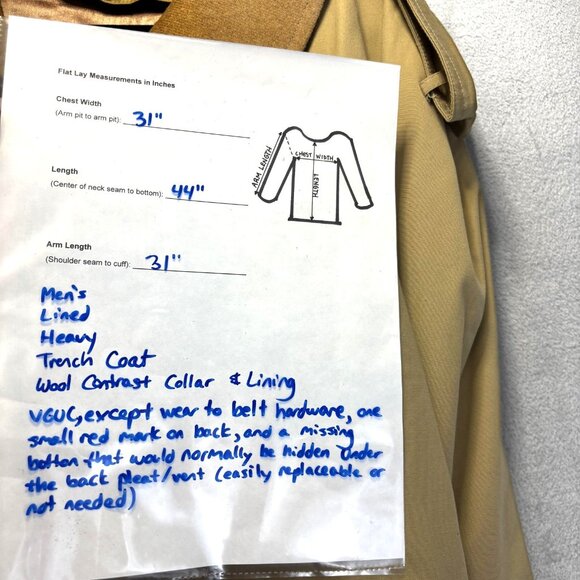 M Hyman And Son Heavy Lined Trench Coat Mens 56 R Tan Belted Wool Collar Long - Picture 8 of 16